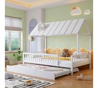 PUGSDRLY Lit Cabane 120x200 Deux Places avec lit Gigogne 120x190,Lit Enfant avec Tête à Décoration Cheminée,Barrière,Sommier à Lattes Solide,pour Enfants Adolescents,Pin,Blanc(B)