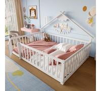 PUGSDRLY Lit Cabane Enfant 140x190cm avec Barriere et Serrure,Lit Montessori au Sol avec Sommier à Lattes,Cadre en Bois de Pin pour Enfant,sans Matelas (Blanc, 140x190)