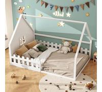 PUGSDRLY Lit Cabane Enfant 140x200cm avec Barriere,Lit au Sol eEnfant avec Tête Design Unique,Cadre de lit d'enfant en Bois(sans Matelas) (Blanc, 140x200)