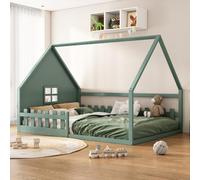 PUGSDRLY Lit Cabane Enfant 140x200cm avec Barriere,Lit au Sol eEnfant avec Tête Design Unique,Cadre de lit d'enfant en Bois(sans Matelas) (Vert, 140x200)