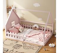 PUGSDRLY Lit Cabane Enfant 140x200cm avec Barriere,Lit au Sol eEnfant avec Tête Design Unique,Cadre de lit d'enfant en Bois(sans Matelas) (Rose, 140x200)