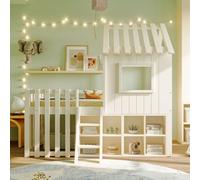 PUGSDRLY Lit Cabane Enfant 90x200cm avec Compartiment de Rangement et échelle,Lit Mezzanine Enfant 1 Place avec Toit et Fenêtre,Mi Hauteur,Cadre en Bois Massif,sans Matelas (Blanc)