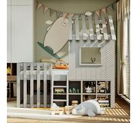 PUGSDRLY Lit Cabane Enfant 90x200cm avec Compartiment de Rangement et échelle,Lit Mezzanine Enfant 1 Place avec Toit et Fenêtre,Mi Hauteur,Cadre en Bois Massif,sans Matelas (Gris)