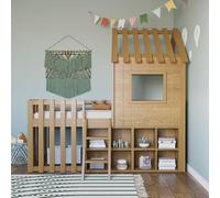 PUGSDRLY Lit Cabane Enfant 90x200cm avec Compartiment de Rangement et échelle,Lit Mezzanine Enfant 1 Place avec Toit et Fenêtre,Mi Hauteur,Cadre en Bois Massif,sans Matelas (Brun)