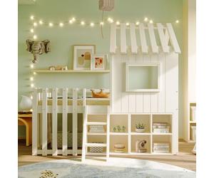 PUGSDRLY Lit Cabane Enfant 90x200cm avec Compartiment de Rangement et échelle,Lit Mezzanine Enfant 1 Place avec Toit et Fenêtre,Mi Hauteur,Cadre en Bois Massif,sans Matelas (Blanc)