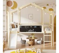 PUGSDRLY Lit Cabane Enfant 90x200cm avec Toboggan,Lit Mezzanine mi Hauteur Enfant avec Tableau Graffiti,Bois Massif,sans Matelas (Naturel)