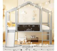 PUGSDRLY Lit Cabane Enfant 90x200cm avec Toboggan,Lit Mezzanine mi Hauteur Enfant avec Tableau Graffiti,Bois Massif,sans Matelas (Gris)