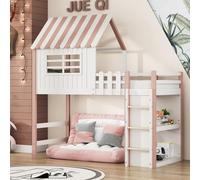 PUGSDRLY Lit Cabane Enfant 90x200cm,Lit Mezzanine Enfant 1 Place avec échelle et étagère de Rangement,Mi Hauteur,Toit et Fenêtre,sans Matelas (Rose)