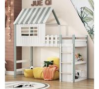 PUGSDRLY Lit Cabane Enfant 90x200cm,Lit Mezzanine Enfant 1 Place avec échelle et étagère de Rangement,Mi Hauteur,Toit et Fenêtre,sans Matelas (Vert)