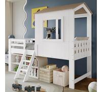 PUGSDRLY Lit Cabane Enfants 90x200 avec Rangement,Haute Barrière de Sécurité,Lit Mezzanine Enfant avec Sommier à Lattes Solide,pour Garçons Filles,Pin (Blanc)