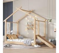 PUGSDRLY Lit Cabane Enfants 90x200cm,Lit Au Sol Enfant avec Toboggan,Tableau Blanc Inscriptible,Toits Magnifiques,Sommier à Lattes Solide,pour Enfants Adolescents,Pin (A-Naturel)