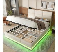 PUGSDRLY Lit Coffre 140x200 avec Rangement,LED Réglables,Ports USB/Type-C,Tête de lit Réglable,Cadre de Lit 2 Personnes Rembourré pour Adolescents Adultes,Velours(Beige, 140x200)