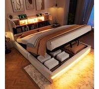 PUGSDRLY Lit Coffre 160x200cm avec éclairage LED,Port USB et Type-C,Lit Double avec Rangement Hydraulique,Tête avec Compartiment de Rangement,Tissu de Lin,sans Matelas (Beige, 160x200)