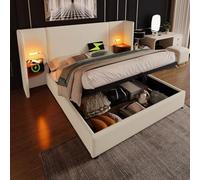 PUGSDRLY Lit Coffre 160x200cm avec Table de Nuit,Lampe de Lecture et Port USB Type-C,Lit Double de Rangement avec Sommier à Lattes,Tête de lit capitonnée,sans Matelas (Beige-Lin, 160x200)