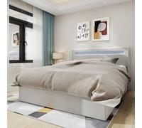 PUGSDRLY Lit Coffre 160x200cm Rembourré,Cadre de Lit 2 Personnes avec Éclairage LED Doux,Espace de Stockage,Sommier à Lattes Solide,pour Adolescents Adultes (Beige, 160x200)