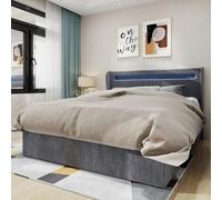 PUGSDRLY Lit Coffre 160x200cm Rembourré,Cadre de Lit 2 Personnes avec Éclairage LED Doux,Espace de Stockage,Sommier à Lattes Solide,pour Adolescents Adultes (Gris, 160x200)