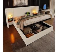 PUGSDRLY Lit Coffre 180x200cm avec Table de Nuit,Lampe de Lecture et Port USB Type-C,Lit Double de Rangement avec Sommier à Lattes,Tête de lit capitonnée,sans Matelas (Beige-Velours côtelé, 180x200)