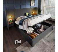 PUGSDRLY Lit Coffre 180x200cm avec Table de Nuit,Lampe de Lecture et Port USB Type-C,Lit Double de Rangement avec Sommier à Lattes,Tête de lit capitonnée,sans Matelas (Gris-Lin, 180x200)