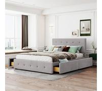 PUGSDRLY Lit Double 140x200 avec 4 tiroirs,lit Adulte avec sommier à Lattes et Tête capitonnée,Velours Tissu,Cadre pour Adolescent,sans Matelas (Gris)