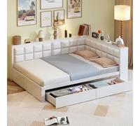 PUGSDRLY Lit Double 140x200cm avec 2 Tiroirs de Rangement,Canapé lit 2 Place avec Dossier Capitonné et Sommier à Lattes,pour Enfant Adolescent Adulte,sans Matelas (Blanc-B)