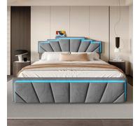 PUGSDRLY Lit Double 140x200cm avec 4 Tiroirs Rangement et Lumière LED,Lit Adulte avec Port USB Type-C et Tête Trapézoïdale avec Réglage Hauteur,Tissu en Velours,sans Matelas (Gris foncé, 140x200)
