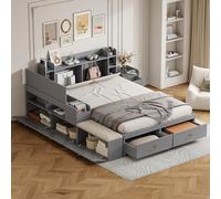 PUGSDRLY Lit Double 140x200cm avec Table de Chevet et Banquette Rangement,Lit Coffre avec 2 Tiroirs,Tête avec Compartiment de Rangement,Tatami,Bois Massif,Design Moderne,sans Matelas (Gris)