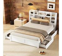 PUGSDRLY Lit Double 160x200 avec 4 Tiroirs et Sommier à Lattes,Tête de lit avec Plusieurs Compartiments de Rangement,Lit Adulte Blanc,sans Matelas (160x200)