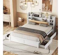 PUGSDRLY Lit Double 180x200 avec 4 Tiroirs et Sommier à Lattes,Tête de lit avec Plusieurs Compartiments de Rangement,Lit Adulte Blanc,sans Matelas (180x200)