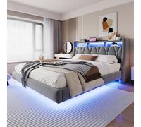 PUGSDRLY Lit Double 180x200cm avec Tête de Rangement et Prise électrique,Lit Capitonné avec Lampe LED et Sommier à Lattes,Tissu Velours,pour Adulte,sans Matelas (Gris-180)