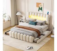 PUGSDRLY Lit Double avec 4 Tiroirs, 160x200cm avec Sommier à Lattes, Adulte avec Lumineuse LED, Ports USB et Chaîne Stéréo, Rembourré, Coffre, avec Rangement, en Velours (Beige, 160x200)