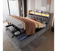 PUGSDRLY Lit Double Capitonné 180x200cm avec Espace de Rangement Hydraulique et Prise électrique,Lit Coffre avec Lampe LED et Sommier à Lattes,Tissu Velours,pour Adulte,sans Matelas (Gris)