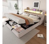 PUGSDRLY Lit Double Capitonné 180x200cm avec Espace de Rangement Hydraulique et Prise électrique,Lit Coffre avec Lampe LED et Sommier à Lattes,Tissu Velours,pour Adulte,sans Matelas (Beige)