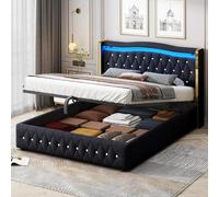 PUGSDRLY Lit Double en Velours Noir avec Éclairage LED, 140x200cm avec Sommier à Lattes, Ornement Diamant et Rangement Hydraulique