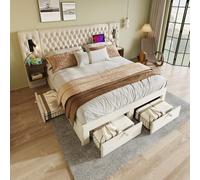 PUGSDRLY Lit Double rembourré 160×200 cm, Cadre de lit Adulte avec Deux Tables de Chevet et Quatre tiroirs, tête de lit avec Fonction de Recharge USB et Lampes de Lecture (Matelas Non Inclus) Beige