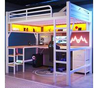 PUGSDRLY Lit en Hauteur 140×200cm avec Bureau intégré, 2 tiroirs, Cadre de lit avec Ports USB, éclairage LED, Lit Surélevé en métallique avec escalier et barrière de lit, casiers Ouverts