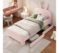 PUGSDRLY Lit enfant 90 x 200 cm avec 2 tiroirs, lit simple avec tête de lit en forme de lapin de dessin animé, lit rembourré avec sommier à lattes, lit plat, laine de mouton, sans Matela