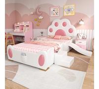 PUGSDRLY Lit Enfant 90x200 Rembourré avec Toboggan et Escalier Démontables,Tête de lit en Forme de Patte de Chat,Lit Enfant Une Place avec Sommier à Lattes Solide,PU Cuir(Rose.)
