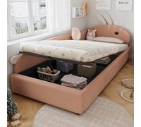 PUGSDRLY Lit Enfant 90x200 Rembourré,Lit Coffre avec Tête de lit en Forme de Lapin,Rangement Hydraulique,Barrières Souple Surélevée,pour Enfants Adolescents (1, P. G.)