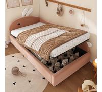 PUGSDRLY Lit Enfant 90x200 Rembourré,Lit Coffre avec Tête de lit en Forme de Lapin,Rangement Hydraulique,Barrières Souple Surélevée,pour Enfants Adolescents (1, P. D.)