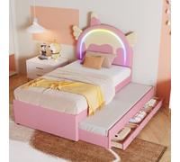 PUGSDRLY Lit Enfant 90x200cm avec lit Extensible 90x190cm et 3 Tiroirs,Lit Fille avec Tête en Forme de Licorne et Bande LED,Cadre avec Sommier à Lattes,sans Matela (Rose, 90x200)