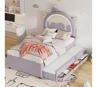 PUGSDRLY Lit Enfant 90x200cm avec lit Extensible 90x190cm et 3 Tiroirs,Lit Fille avec Tête en Forme de Licorne et Bande LED,Cadre avec Sommier à Lattes,sans Matela (Pourpre, 90x200)