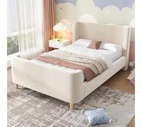 PUGSDRLY Lit Enfant 90x200cm avec Motif Cosmique,Lit 1 Place en Forme de Traîneau,Tissu Velours Cadre de lit pour garçons et Filles,sans Matelas (Beige)