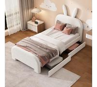 PUGSDRLY Lit Enfant 90x200cm avec Tiroirs et Tête de Lapin, Rembourré avec Sommier à Lattes, Laine de Mouton, sans Matela (Blanc)