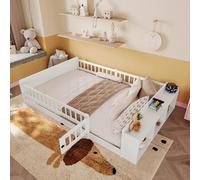 PUGSDRLY Lit Enfant au Sol 140x190cm avec Barriere,Lit Montessori avec Rangement Ouvert,Sommier à Lattes,Cadre en Bois de pin pour Enfant,sans Matelas (140x190)