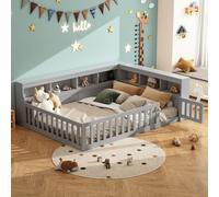 PUGSDRLY Lit Enfant au Sol 140x200cm avec Barriere et Compartiment de Rangement,Lit Montessori avec Sommier à Lattes,Prise électrique et Port USB,Cadre pour Enfant,sans Matelas (Gris, 140x200)
