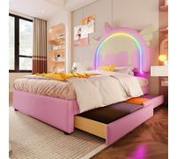 PUGSDRLY Lit Fille 90x200cm avec 2 Tiroirs,Lit Enfant avec Tête de lit en Forme de Licorne et Bande LED,Cadre avec Sommier à Lattes,Matière PU,sans Matela (Rose, 90x200cm)