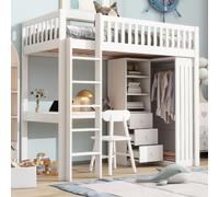 PUGSDRLY Lit Mezzanine 1 Place 90x200cm avec Bureau Armoire et 3 tiroirs,Rangement Ouvert,Design de Clôture Haute,Cadre de Lit en Pin Blanc pour Enfant Adolescent (90x200)