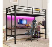 PUGSDRLY Lit Mezzanine 1 Place avec Bureau,USB et Prise électrique,Lit Mezzanine Enfant et Adolescent 90x200cm avec Lumière d'ambiance Télécommandée Vompatible App,Cadre en Métal,sans Matelas (Noir)