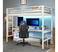 PUGSDRLY Lit Mezzanine 1 Place avec Bureau,USB et Prise électrique,Lit Mezzanine Enfant et Adolescent 90x200cm avec Lumière d'ambiance Télécommandée Vompatible App,Cadre en Métal,sans Matelas (Blanc)