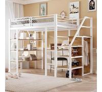 PUGSDRLY Lit Mezzanine 2 Place avec Escalier installé Gauche ou Droite,Lit Mezzanine Enfant 140x200cm avec Bureau,Armoire et étagère de Rangement à 3 Couches,pour Adolescent Adulte (Blanc, 140x200)